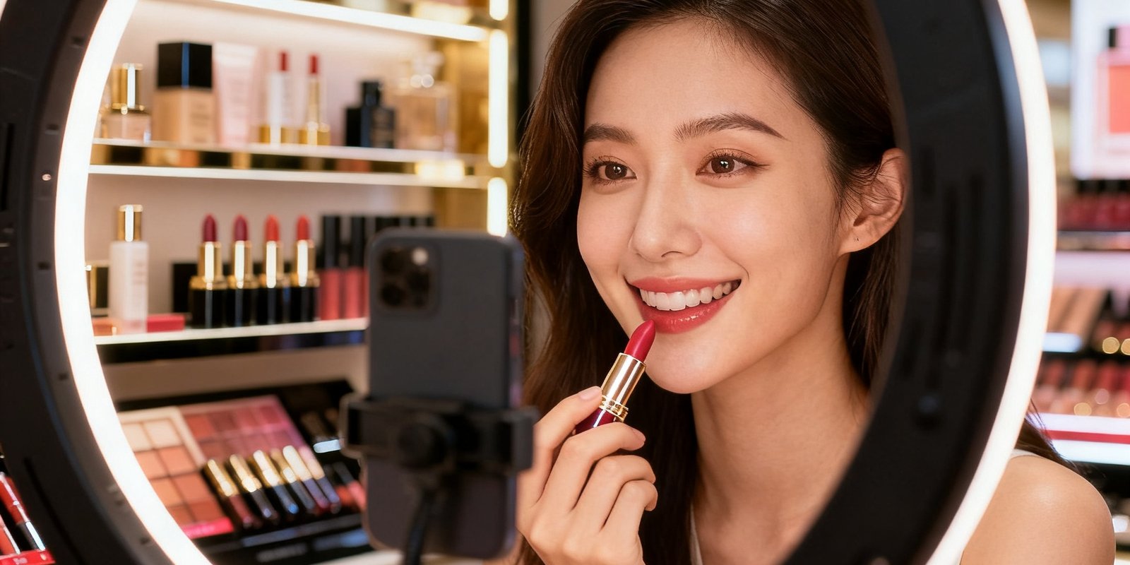 某知名美妆品牌定制直播间内，环形灯光柔和均匀，产品陈列架设计精致，主播正在试用口红对着镜头微笑