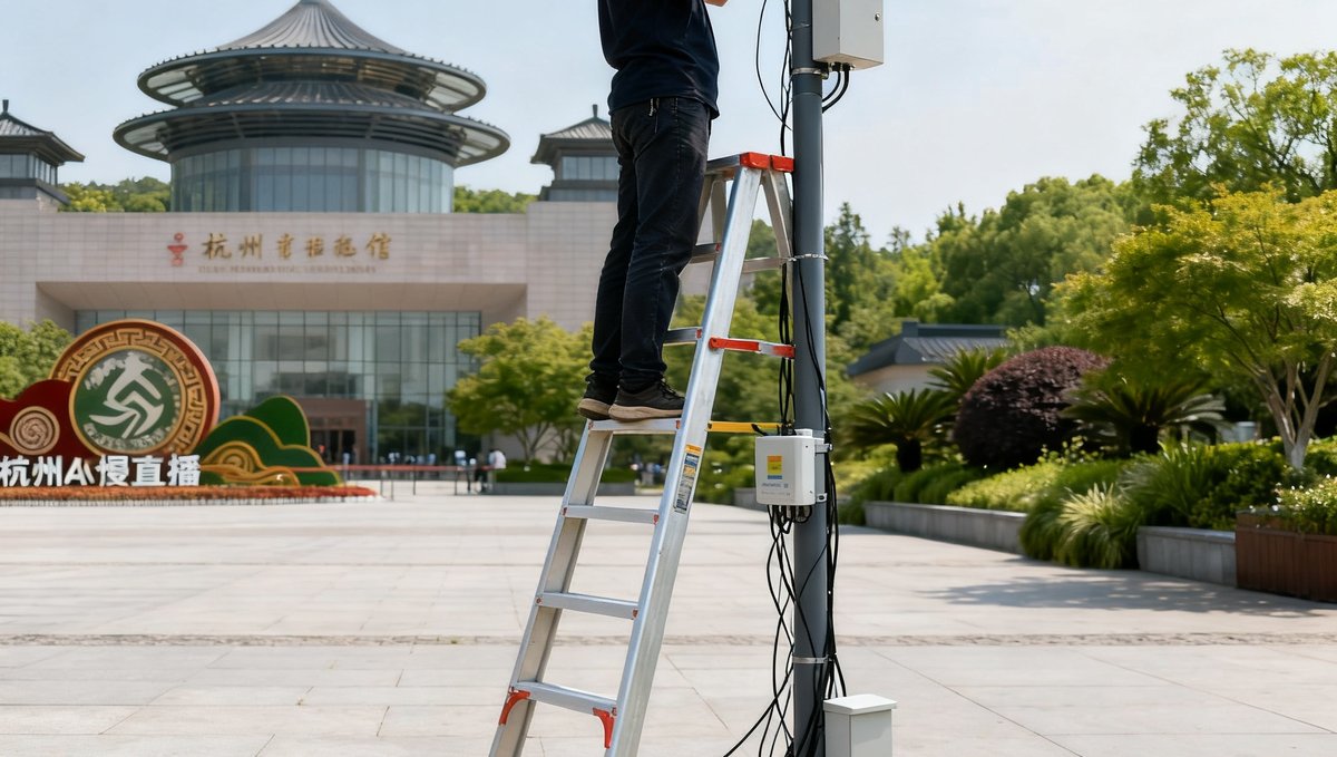 杭州某5A级景区的慢直播摄像头安装现场，技术人员正在调试设备角度