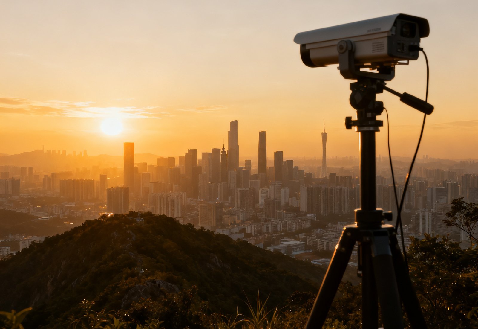 户外慢直播场景，高清摄像头架设在山顶俯瞰城市天际线，夕阳余晖洒在建筑群上，画面宁静悠远